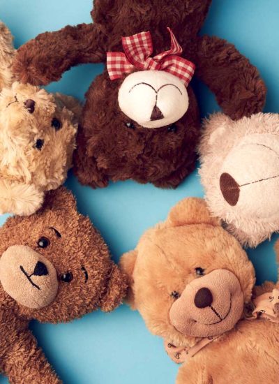 Circle of various teddy bears on a blue background.